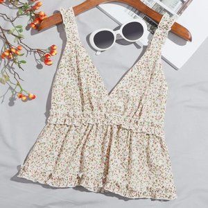 Shein Shirred Back Frill Trim Ditsy Floral Top  Multicolor / 6 tank babydoll